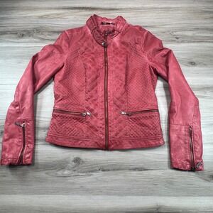 Jou Jou Women Quilted Faux Leather Moto Jacket Red Size M